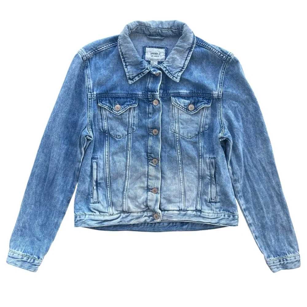 Forever 21 Los Angeles Women S Medium Wash Blue Denim Button Jean Trucker Jacket